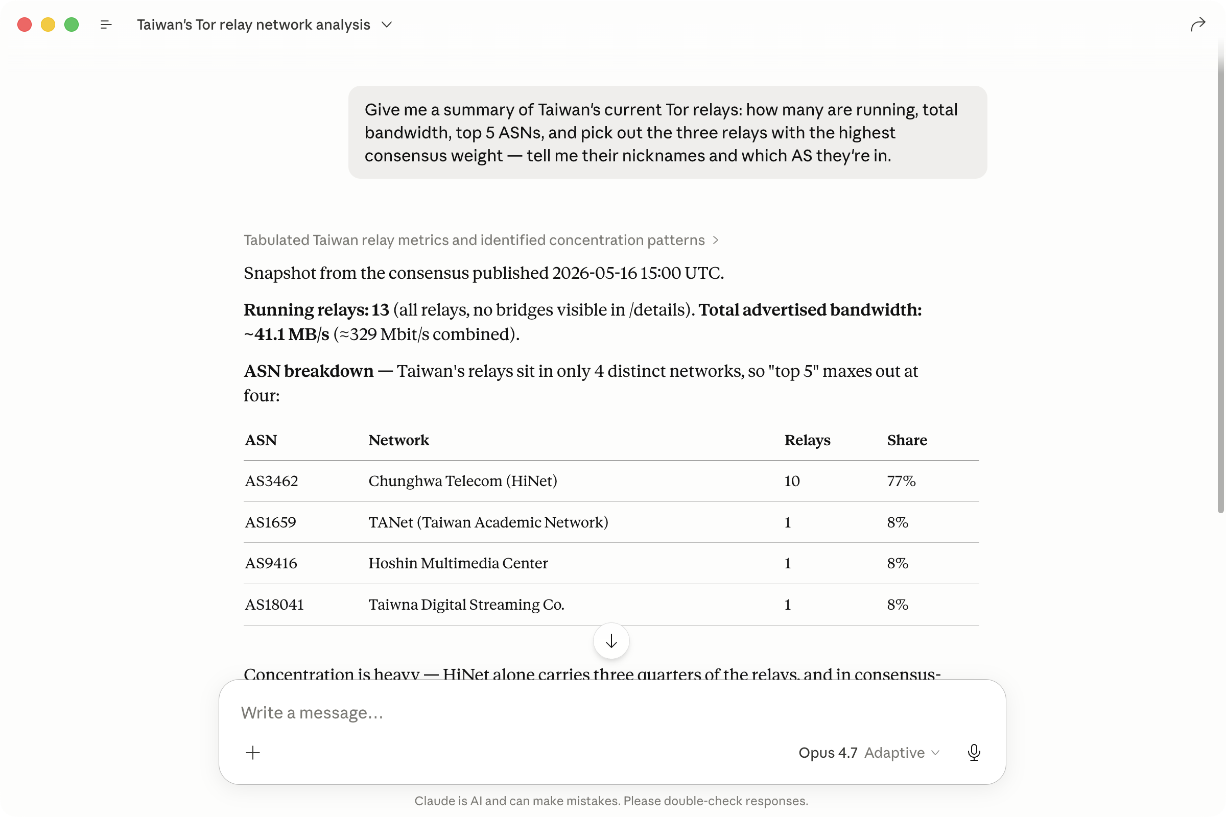 Claude Desktop's summary report for Taiwan's Tor relays: running count, total bandwidth, consensus weight, and a top-5 ASN table