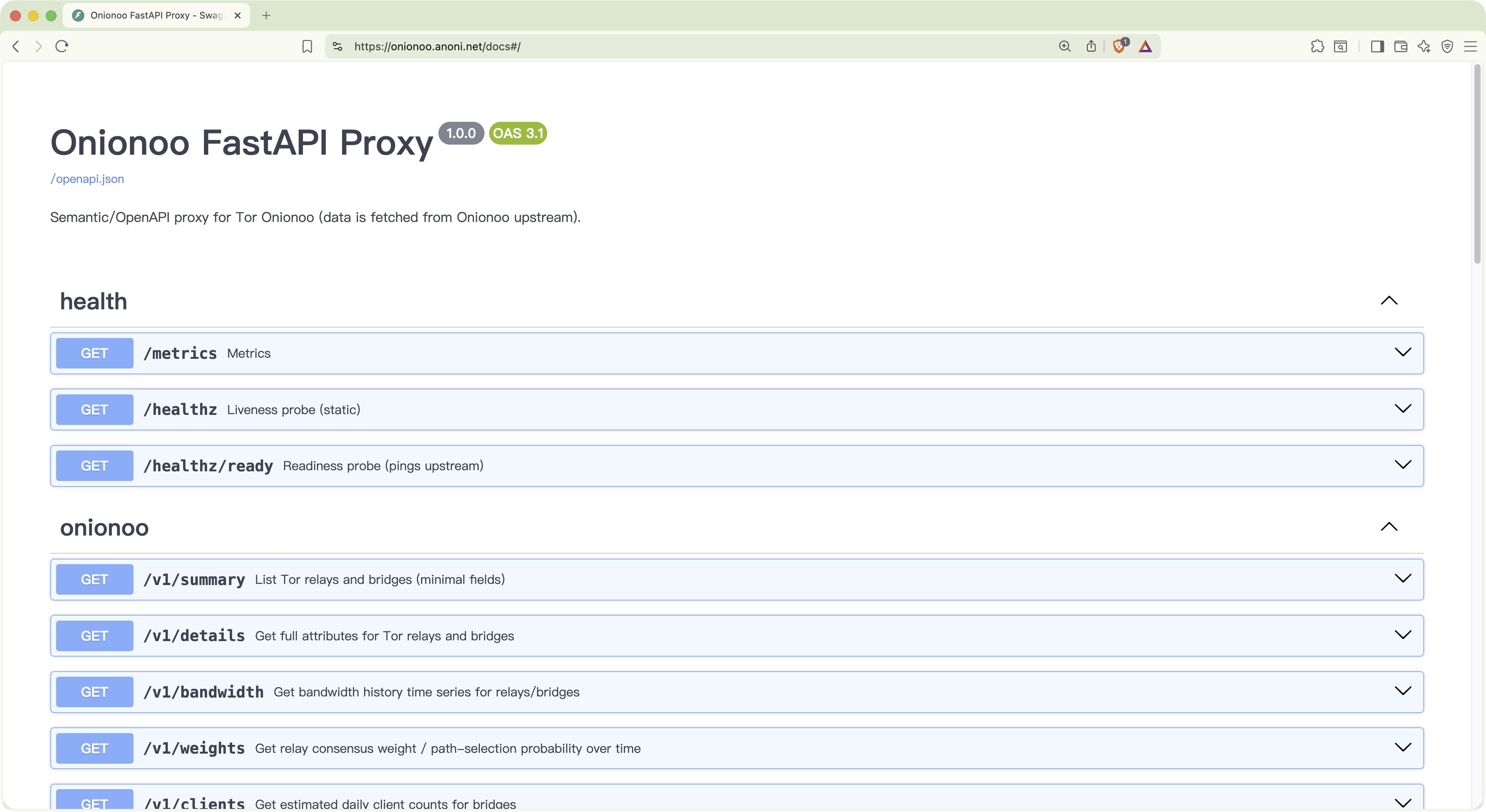 onionoo.anoni.net 的 Swagger UI，显示 Onionoo FastAPI Proxy v1.0.0，列出 /healthz、/metrics 与 /v1/summary、/v1/details、/v1/bandwidth、/v1/weights、/v1/clients 等端点