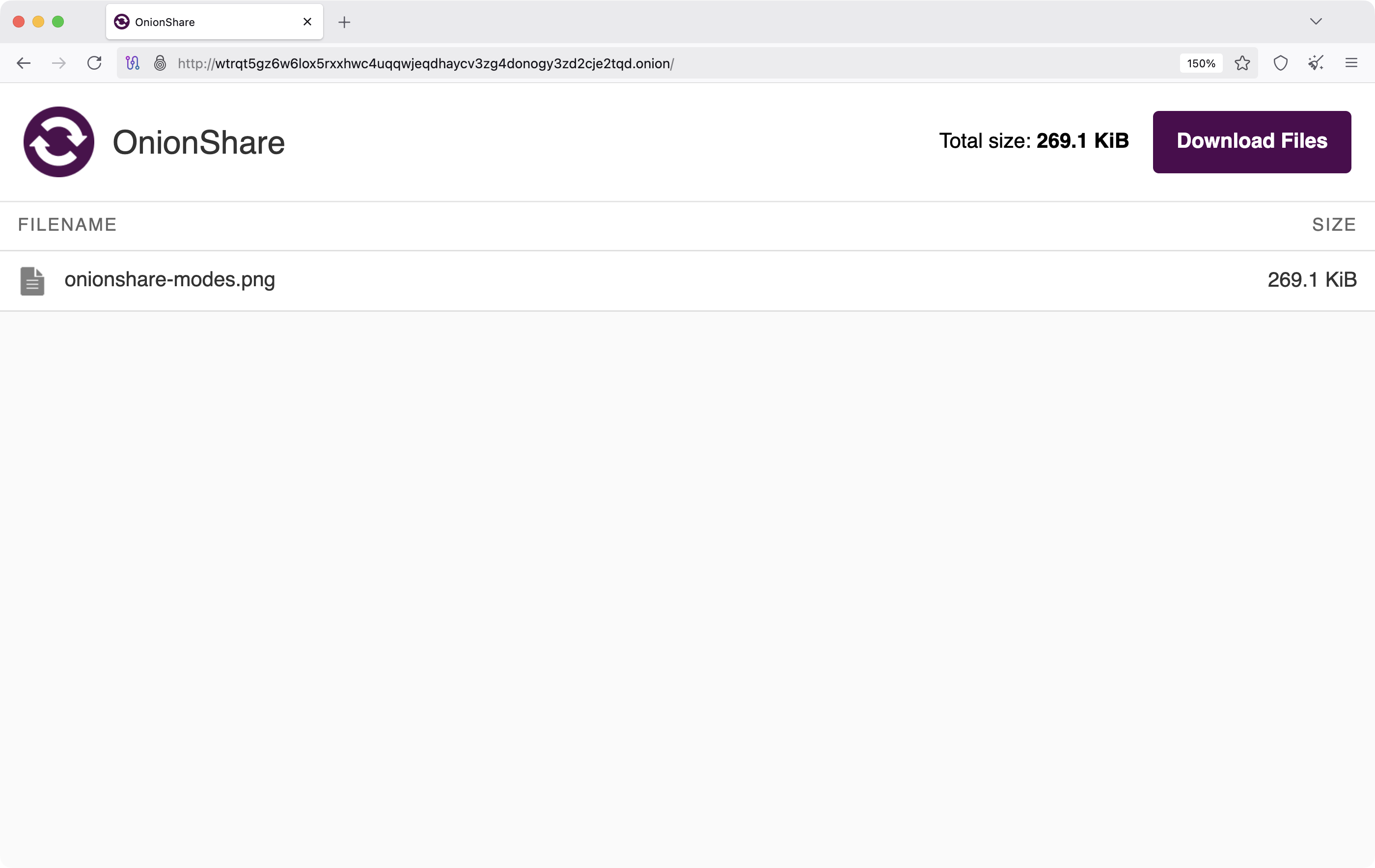 接收方在 Tor Browser 看到的 OnionShare 下载页