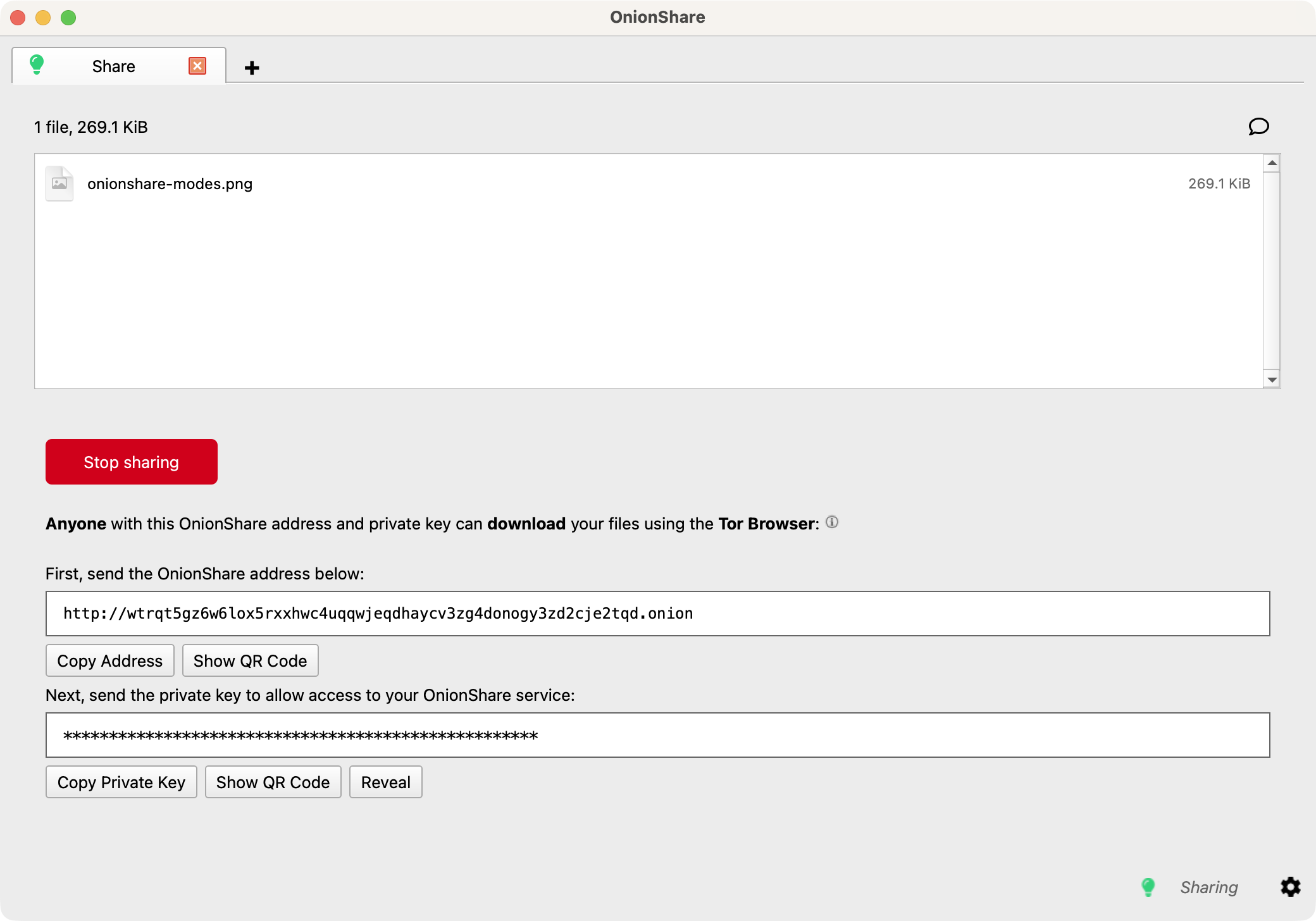 OnionShare Send 模式产生 .onion URL 与 private key
